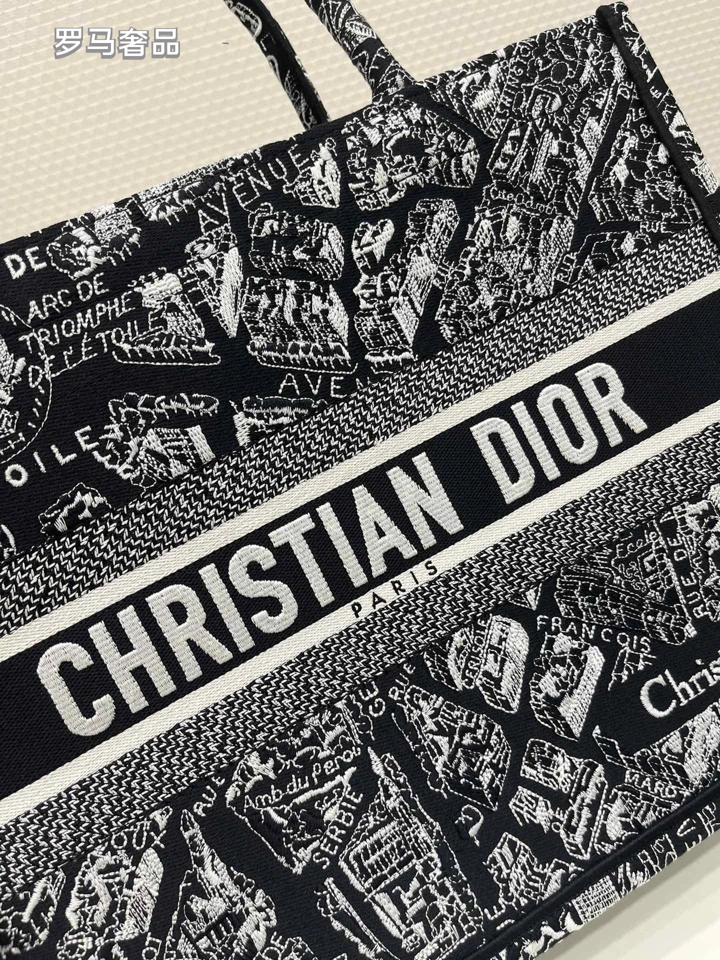 Dior Black and White Paris Street Map Embroidered Canvas Tote Bag