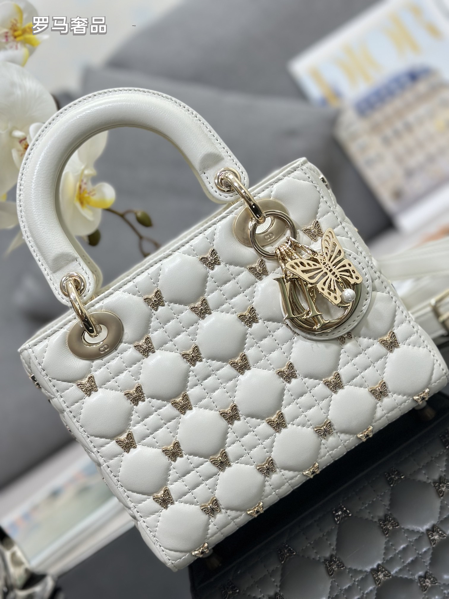 Dior Luxury Black Quilted Leather Handbag with Gold Butterfly Charm