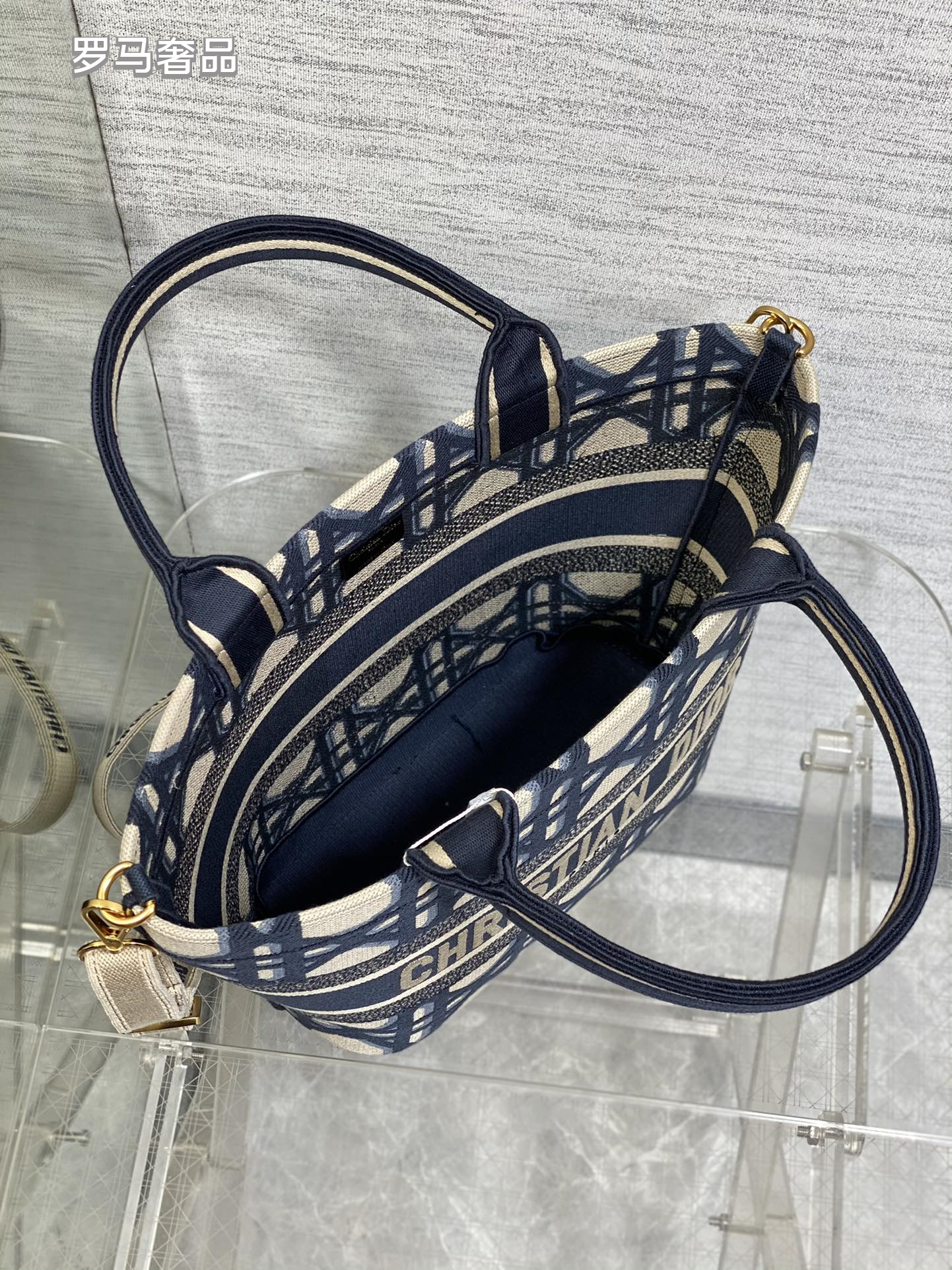 Christian Dior Oblique Canvas Small Tote Bag with Shoulder Strap - Navy Blue