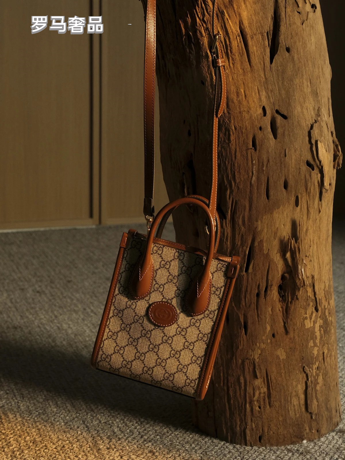 Gucci Vintage Monogram Canvas Mini Tote Handbag with Leather Trim