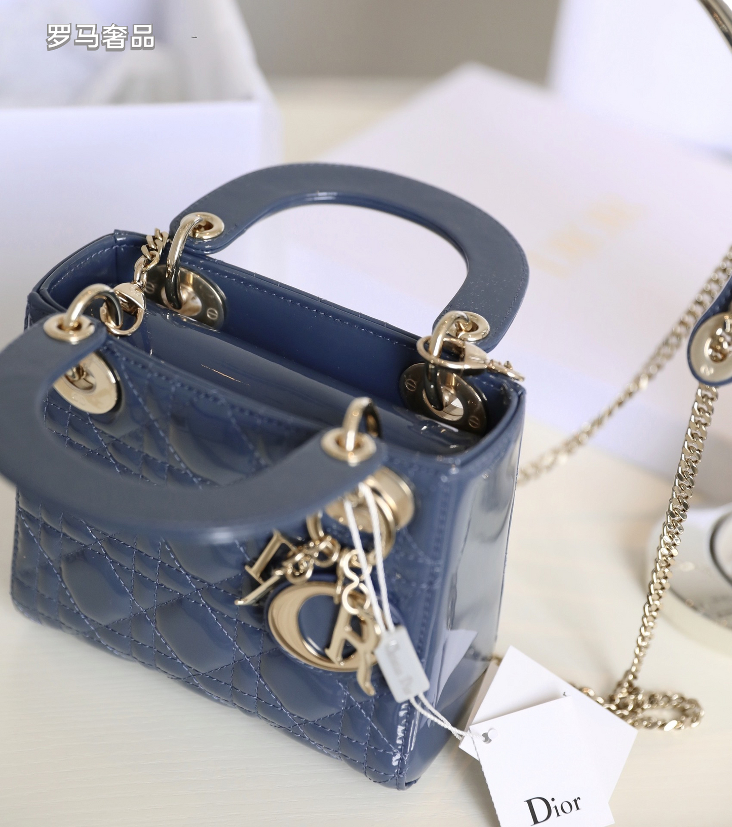 Dior Mini Quilted Patent Leather Top Handle Bag with Metal Charms