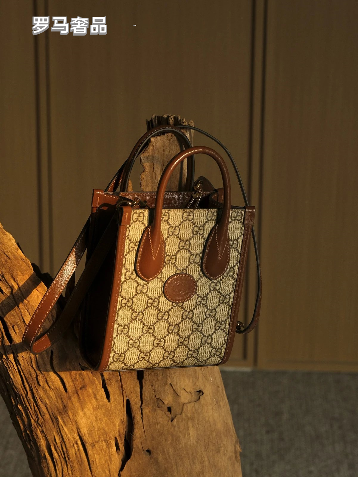 Gucci Vintage Monogram Canvas Mini Tote Handbag with Leather Trim