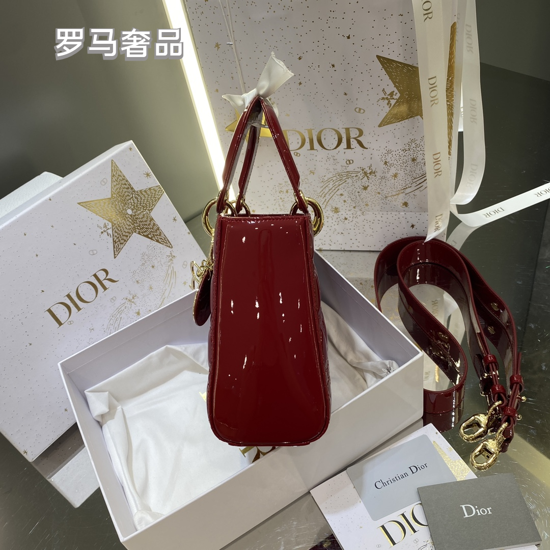 Dior Elegant Red Quilted Patent Leather Mini Top Handle Handbag