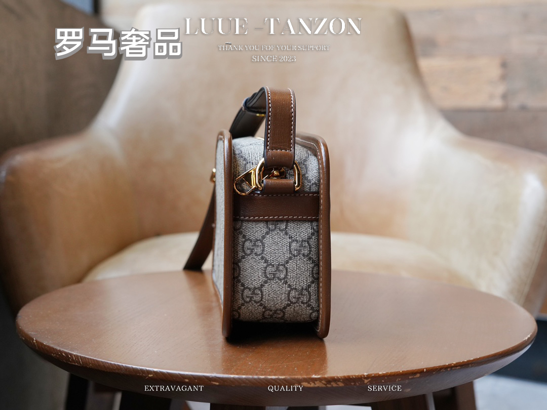 Gucci Vintage Monogram Canvas Crossbody Bag with Brown Leather Trim