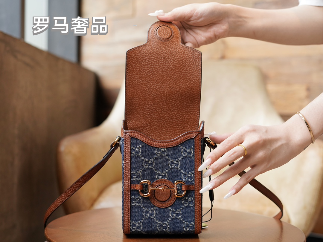 Gucci Vintage Monogram Denim Mini Crossbody Phone Bag with Horsebit Detail