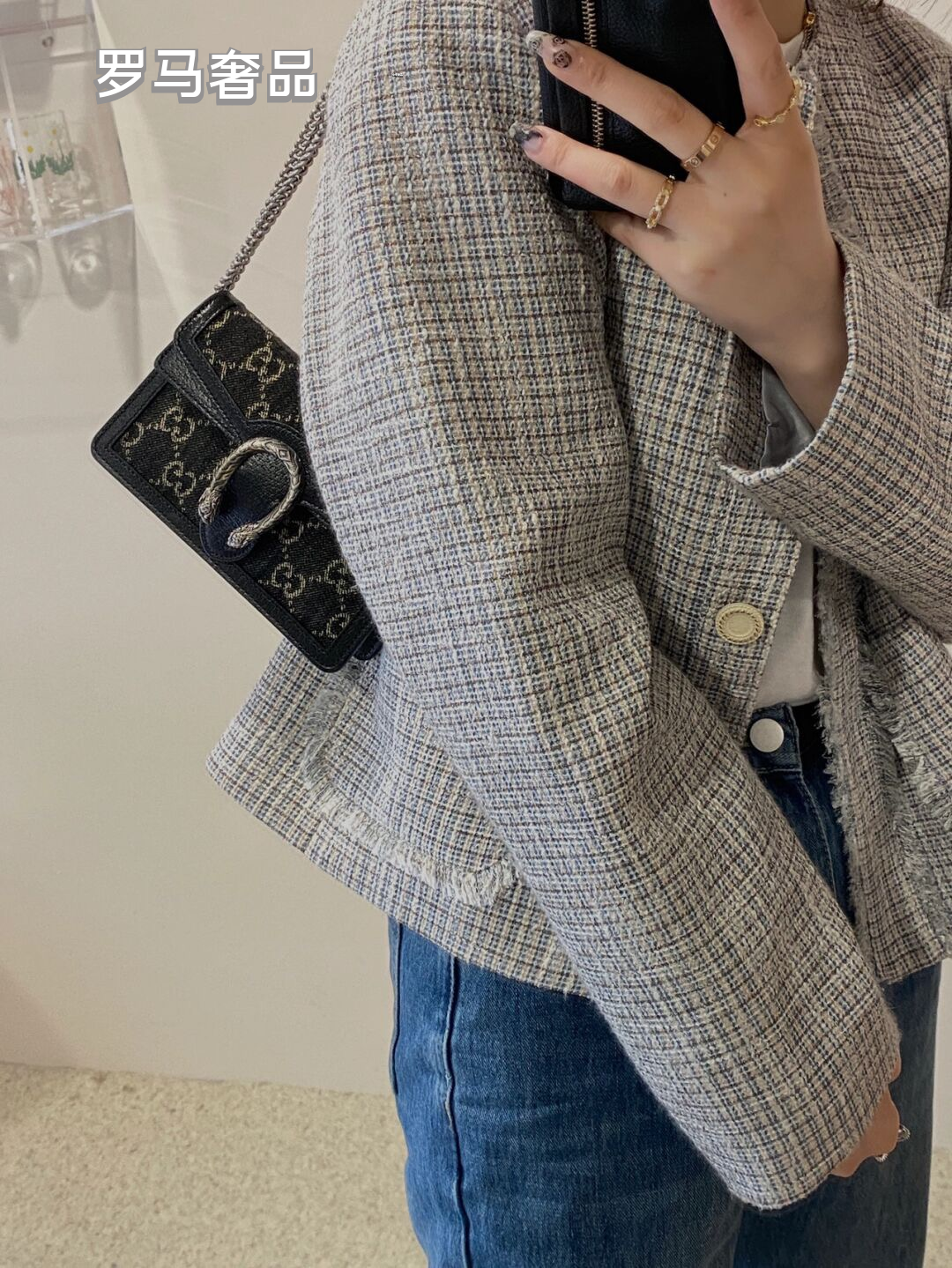 Gucci Luxury Navy Blue Monogram Canvas Chain Shoulder Bag with Spur Buckle