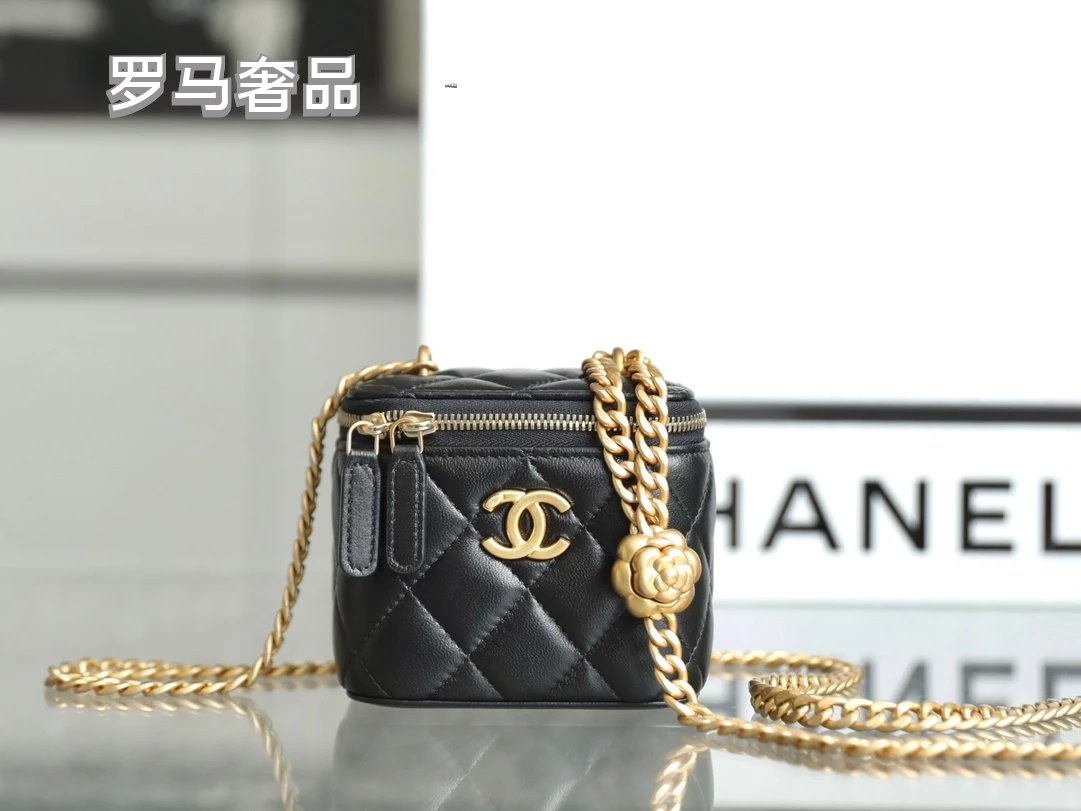 Chanel Black Quilted Leather Mini Vanity Case Crossbody Bag with Gold Camellia Charm