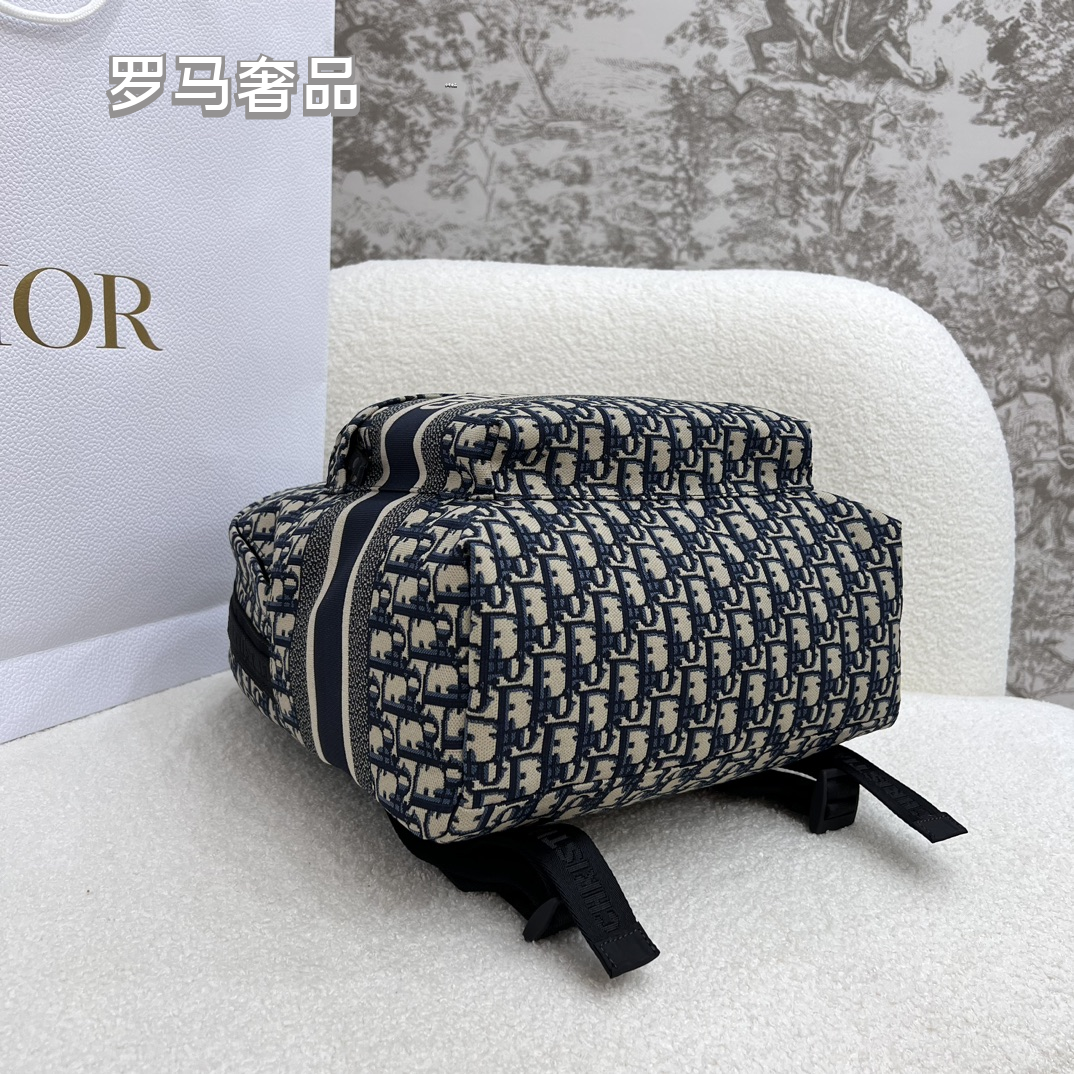 Dior Luxury Monogram Jacquard Canvas Backpack with Front Pocket Stripe