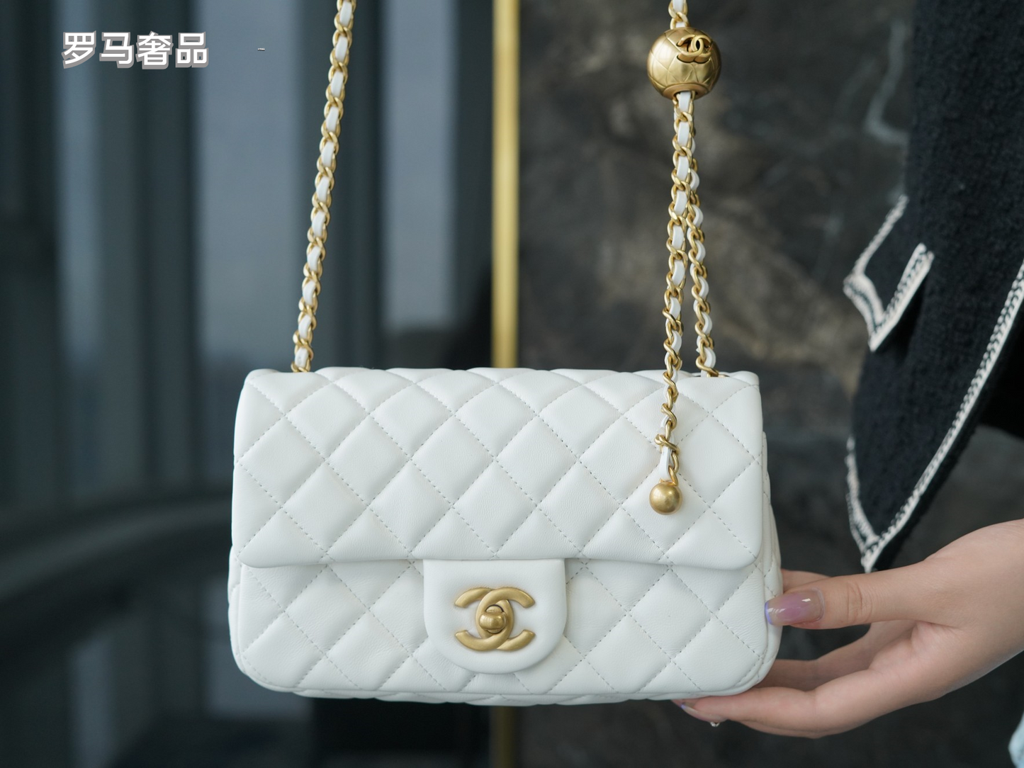 White Quilted Lambskin Mini Flap Bag with Gold-Tone Hardware