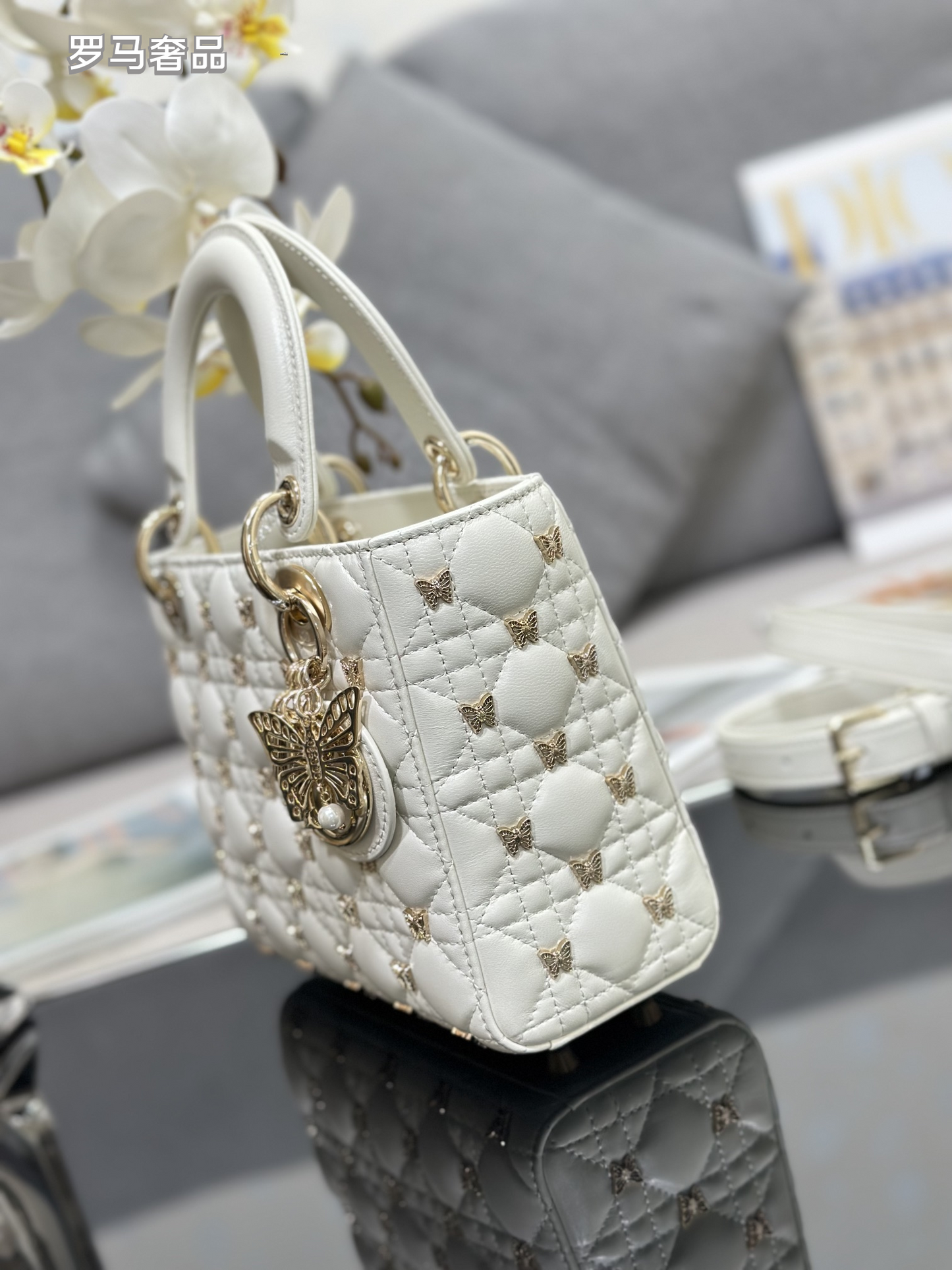 Dior Luxury Black Quilted Leather Handbag with Gold Butterfly Charm