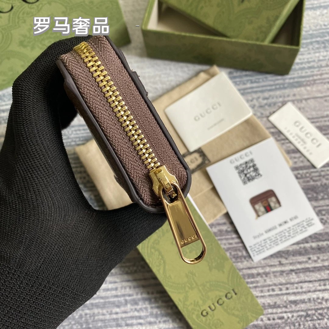 Gucci Monogram Canvas Card Case Wallet with Web Stripe and Gold Logo