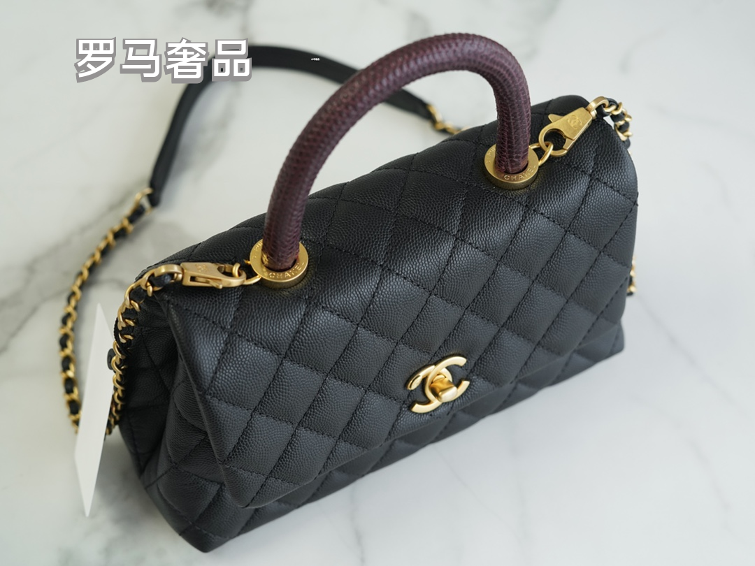 Chanel Medium Coco Handle Bag Black Quilted Caviar Leather Gold Hardware