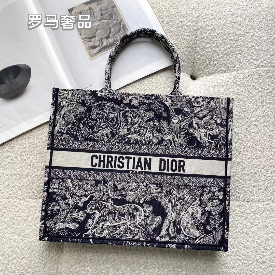 Dior Large Capacity Monochrome Embroidered Toile Canvas Tote Bag