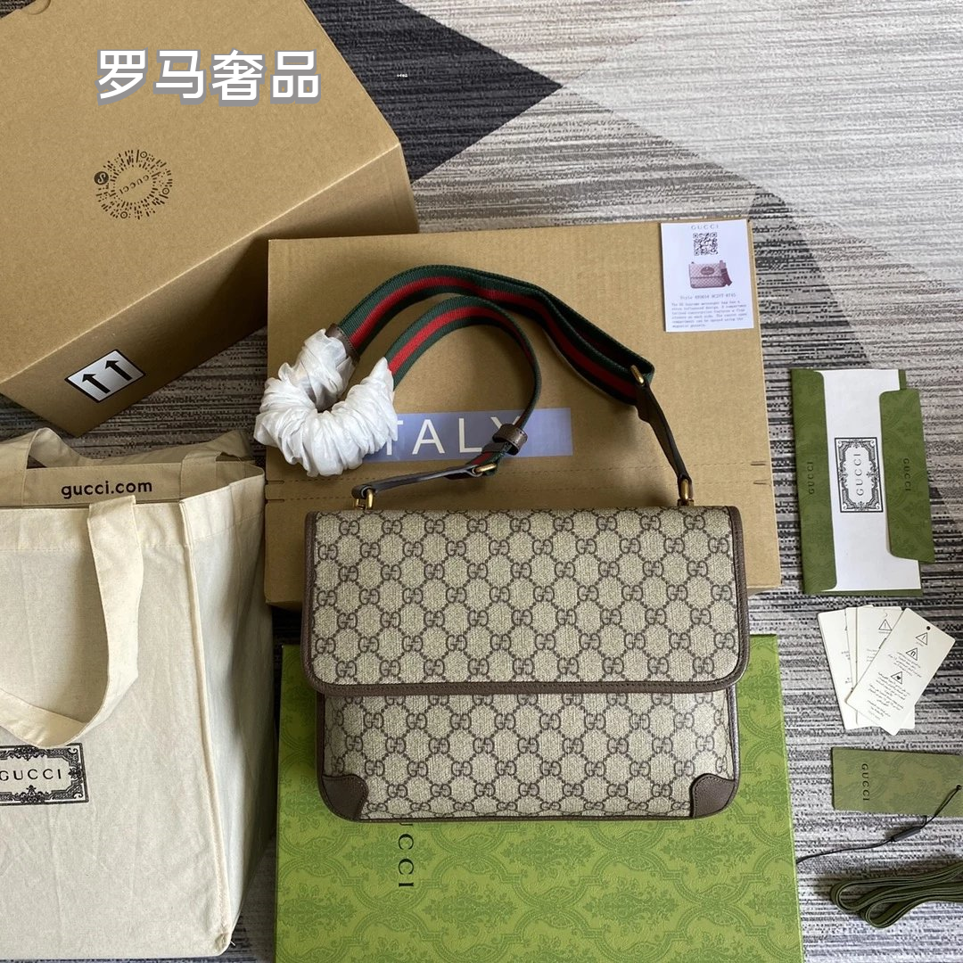 Gucci Vintage Monogram Canvas Crossbody Bag with Web Strap and Leather Trim