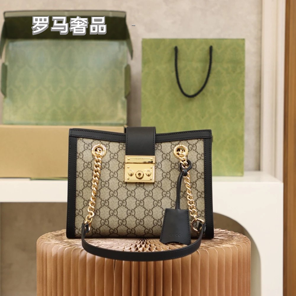 Gucci Vintage Monogram Canvas Shoulder Bag with Gold Chain and Padlock