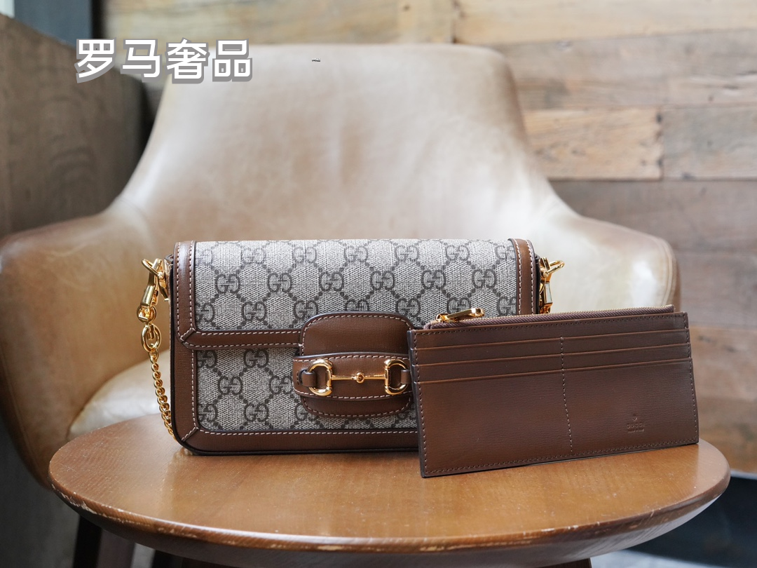 Gucci Horsebit 1955 Mini Shoulder Bag in GG Supreme Canvas with Brown Leather Trim