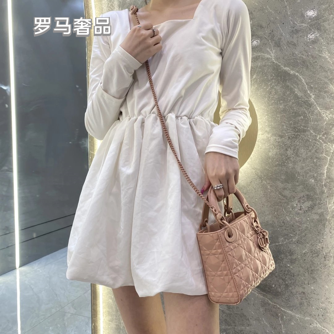 Dior Matte Beige Quilted Leather Mini Handbag with Top Handle and Chain