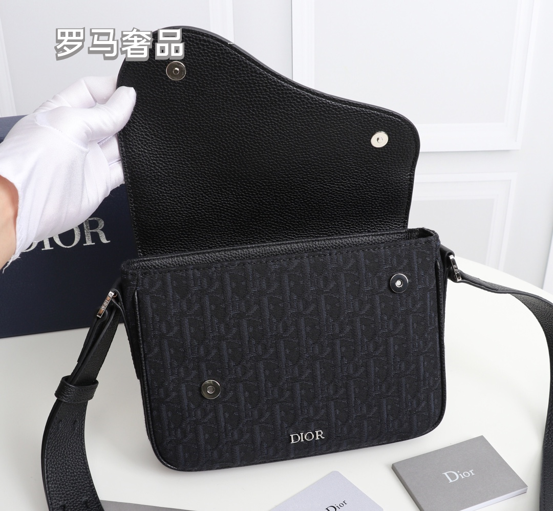 Dior Messenger Bag with Black Leather Flap and Oblique Jacquard Canvas