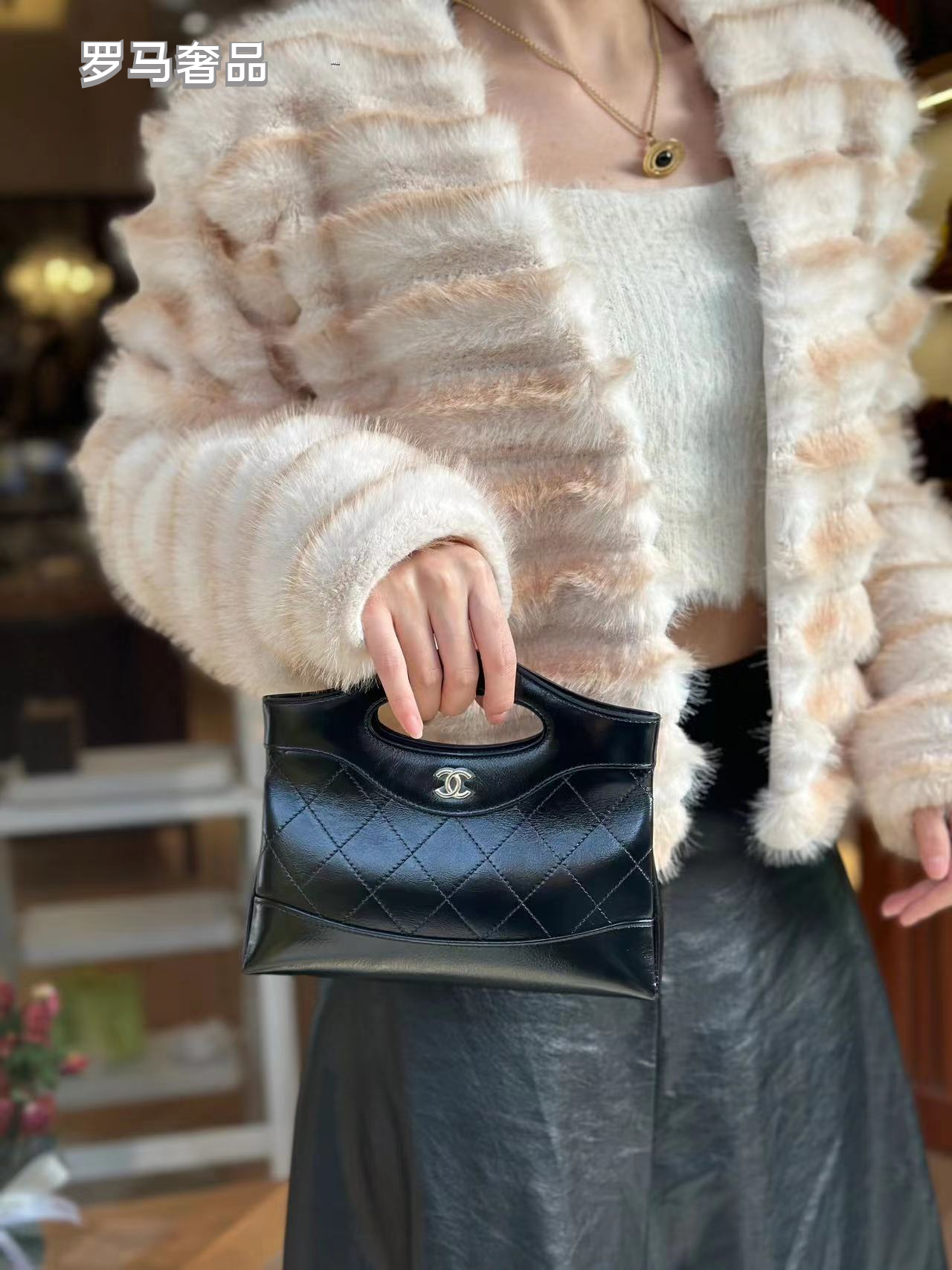 Chanel Black Leather Mini 31 Shopping Bag with Silver-Tone Chain