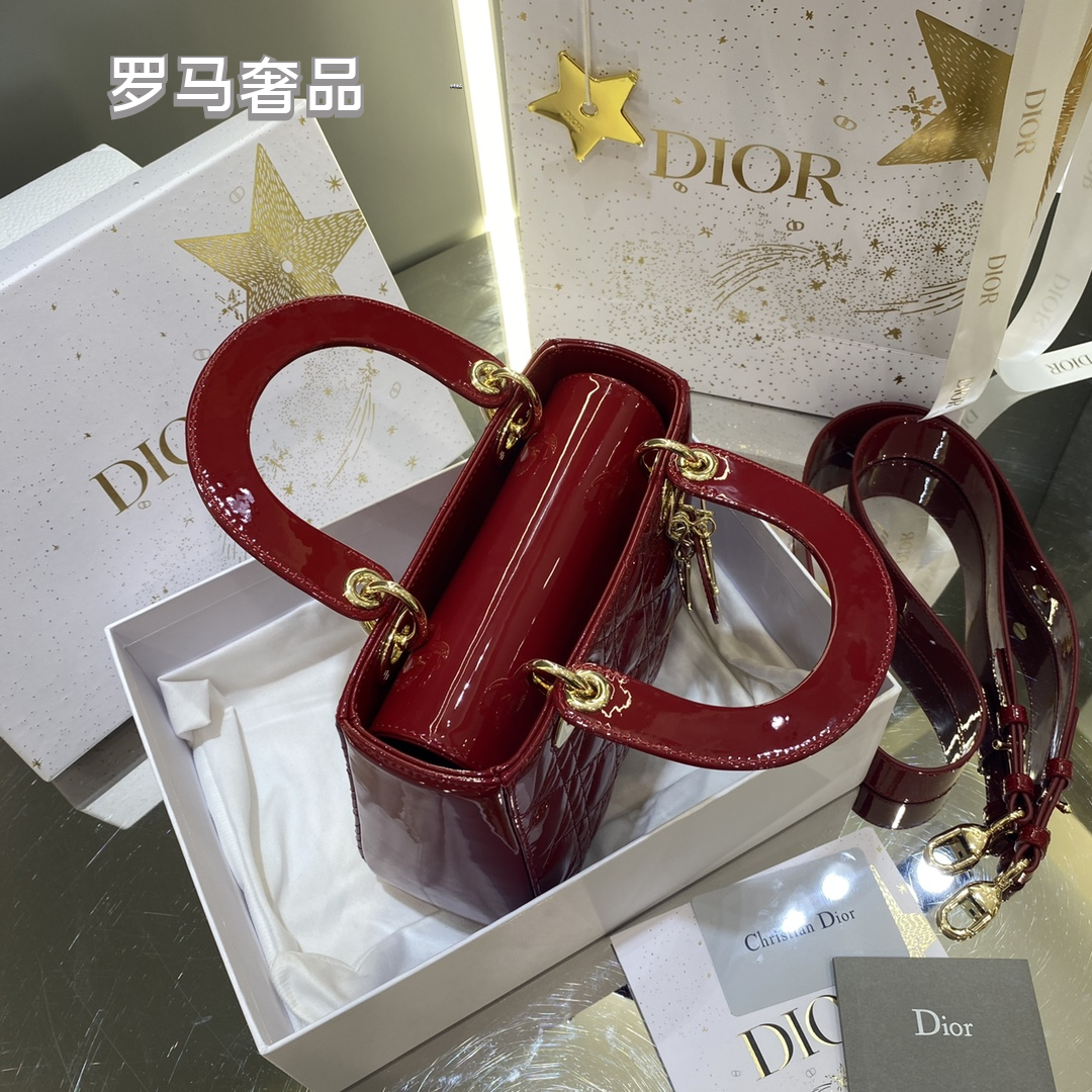 Dior Elegant Red Quilted Patent Leather Mini Top Handle Handbag
