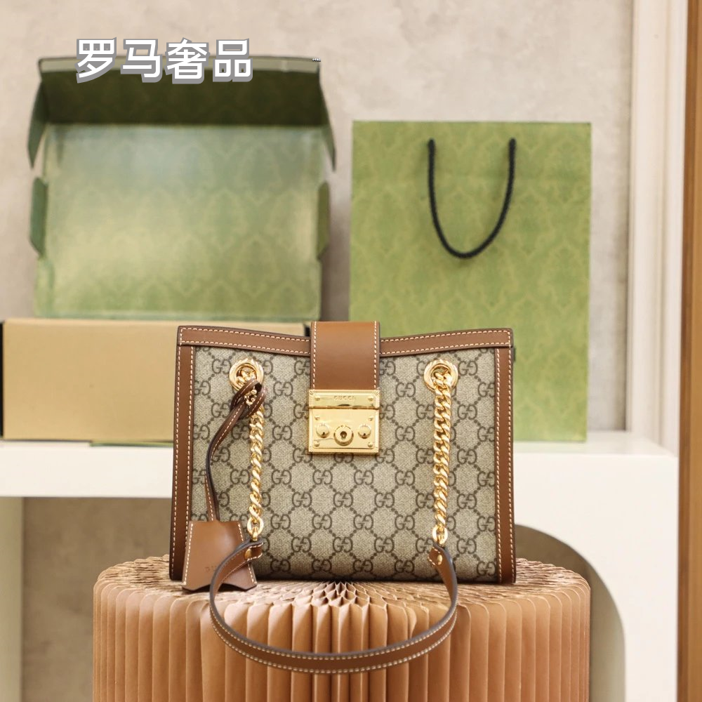 Gucci Vintage Monogram Canvas Shoulder Bag with Gold Chain and Padlock