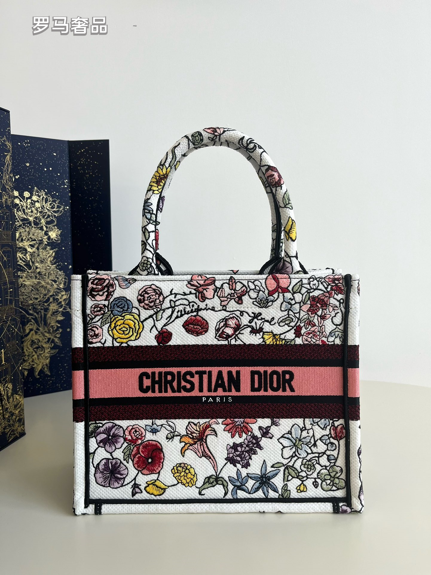 Dior Vintage Floral Embroidered Canvas Tote Bag Top Handle Handbag