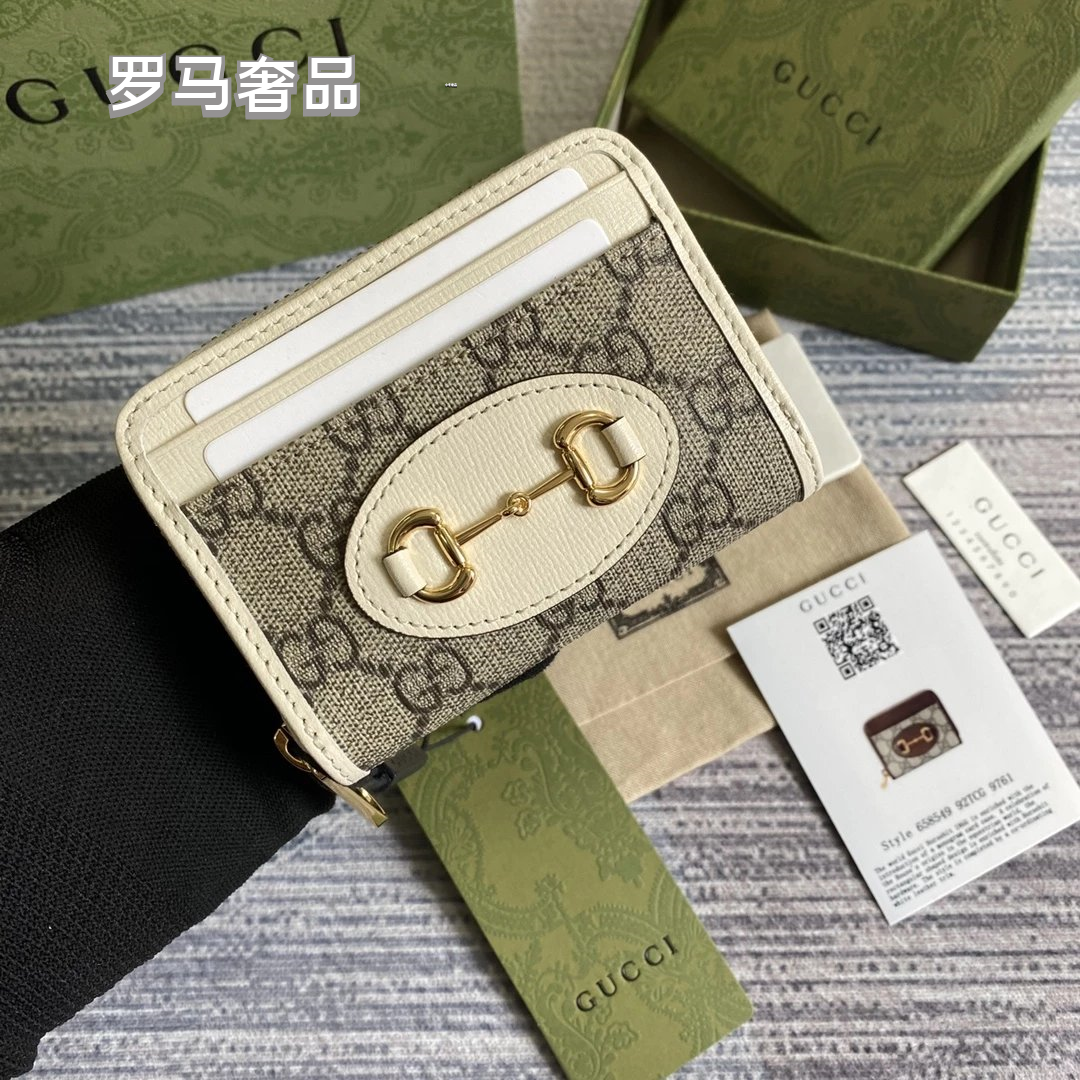 Gucci Monogram Canvas Card Case Wallet with Web Stripe and Gold Logo