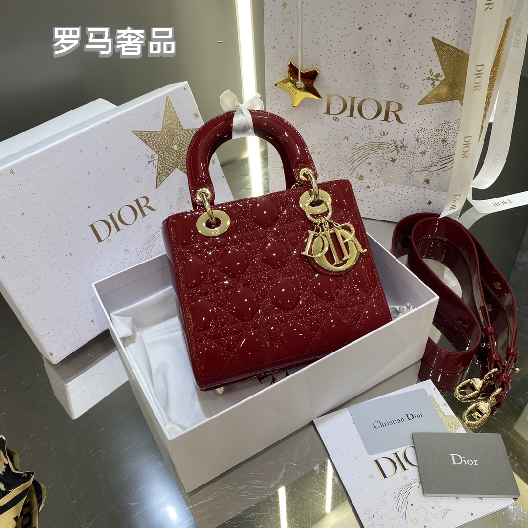 Dior Elegant Red Quilted Patent Leather Mini Top Handle Handbag