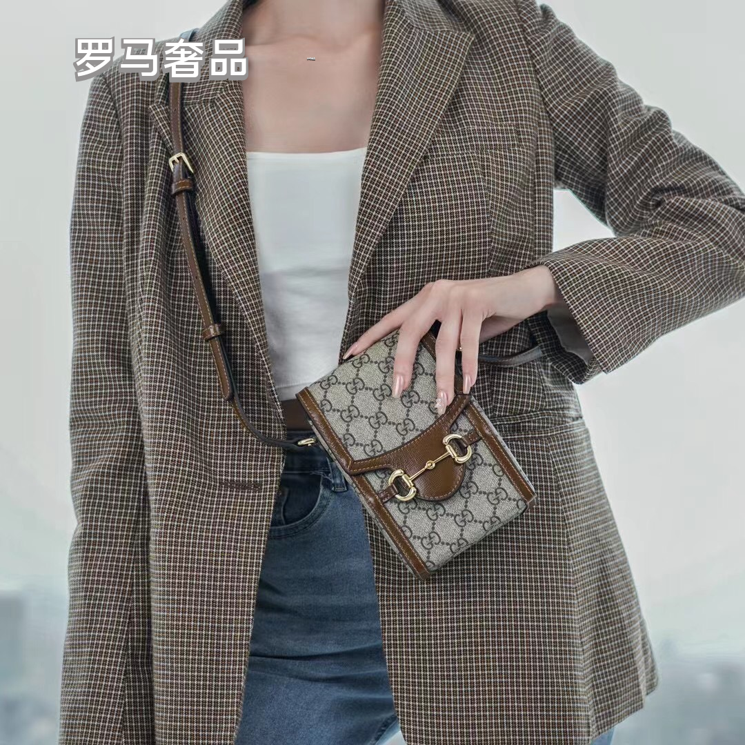 Gucci Horsebit 1955 Mini Bag in GG Supreme Canvas with Brown Leather Trim