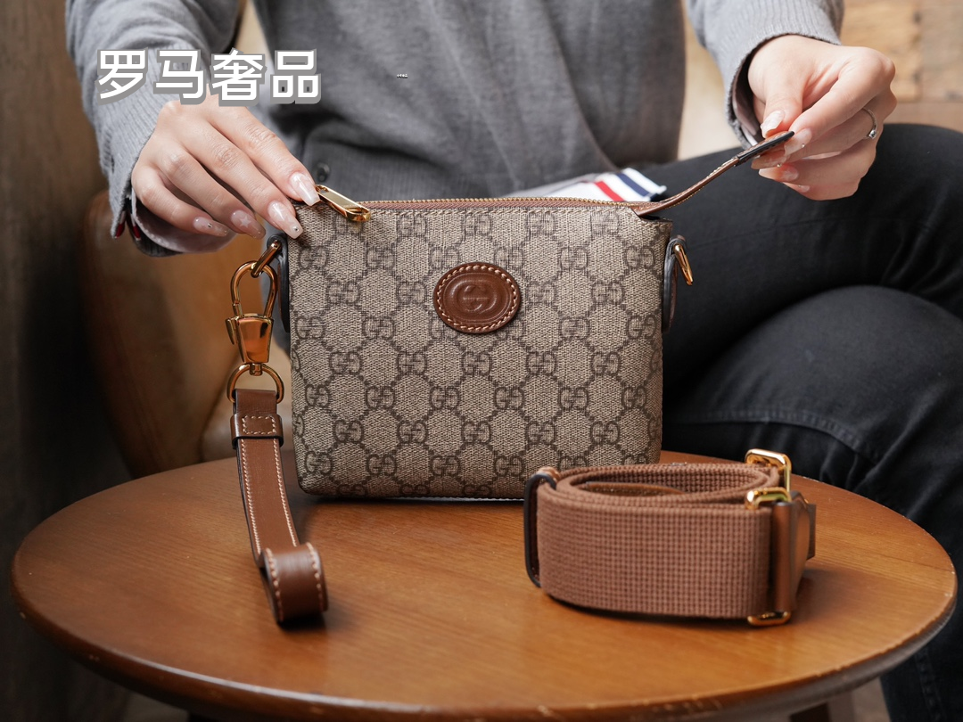 Gucci Classic Monogram Pattern Mini Crossbody Bag with Leather Strap