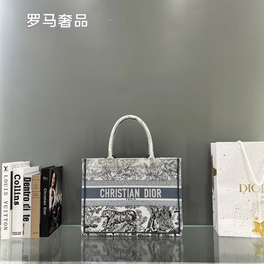 Dior Vintage Grey Toile de Jouy Canvas Tote Bag with Top Handles