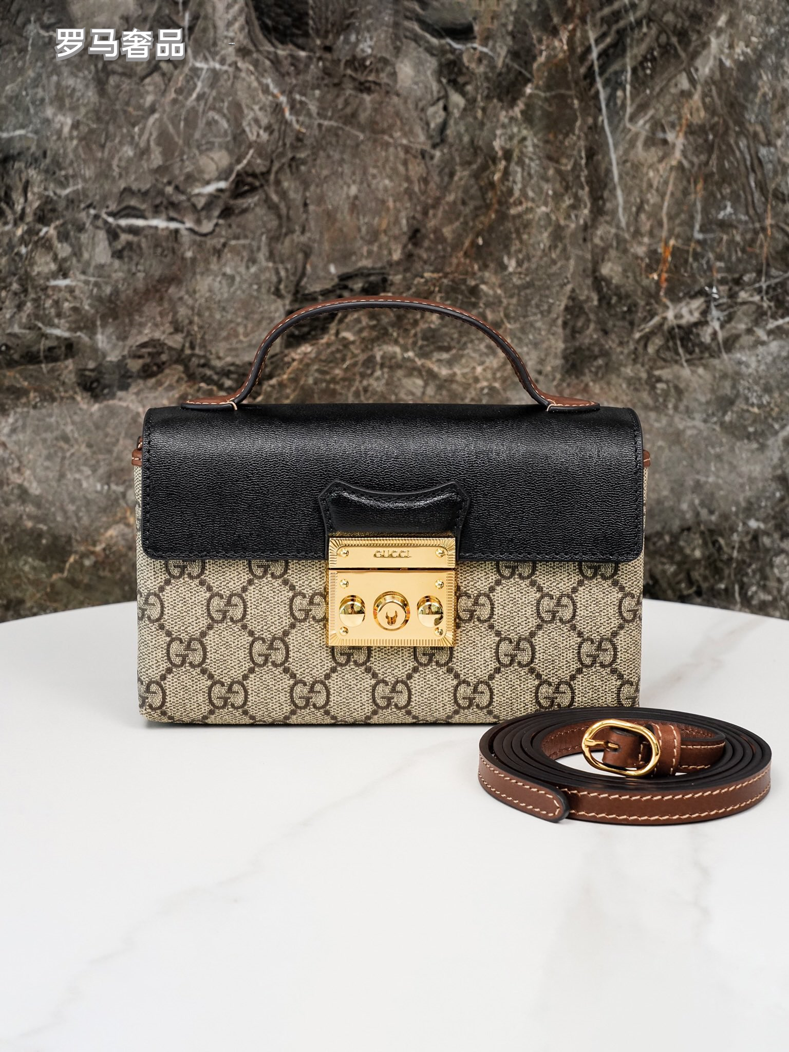 Gucci Vintage Monogram Canvas Top Handle Bag with Leather Flap and Padlock