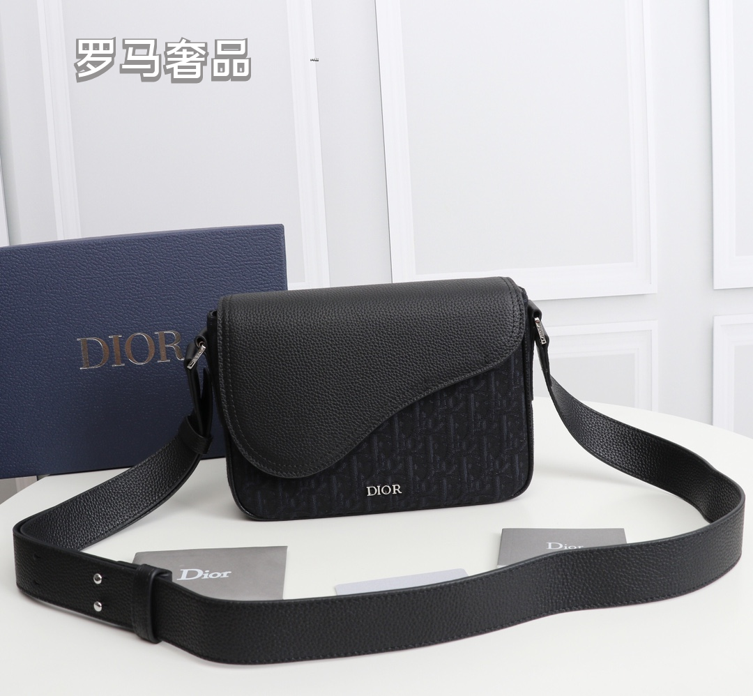 Dior Vintage Monogram Crossbody Messenger Bag with Black Leather Flap