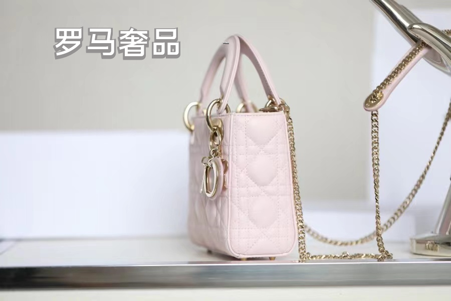 Dior Elegant Pink Heart Quilted Mini Top Handle Bag with Gold Chain