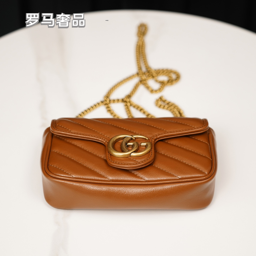 Gucci Brown Quilted Leather Crossbody Bag with Gold Chain Strap