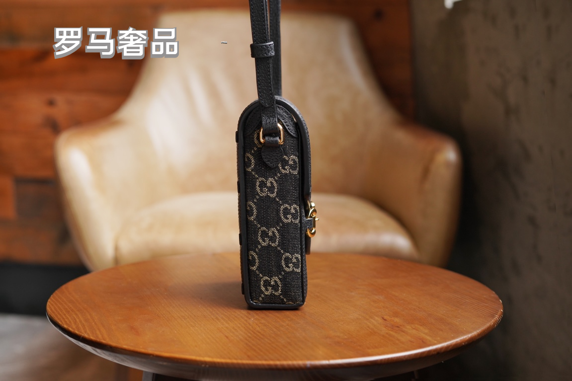 Gucci Vintage Monogram Canvas Mini Crossbody Bag with Gold Metal Clasp