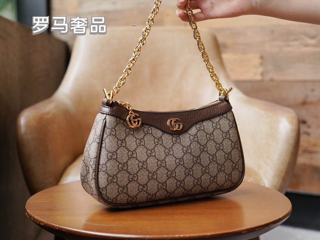 Gucci Vintage Monogram Canvas Shoulder Bag with Gold Chain and Webbing Strap
