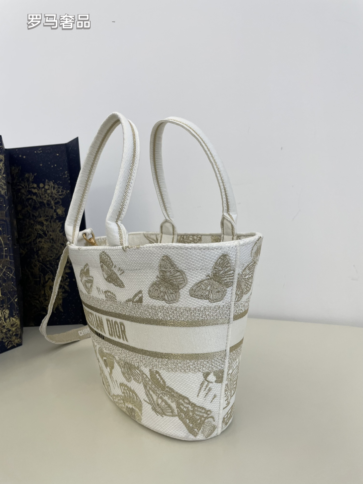 Dior Elegant Butterfly Embroidered Canvas Tote Handbag with Strap