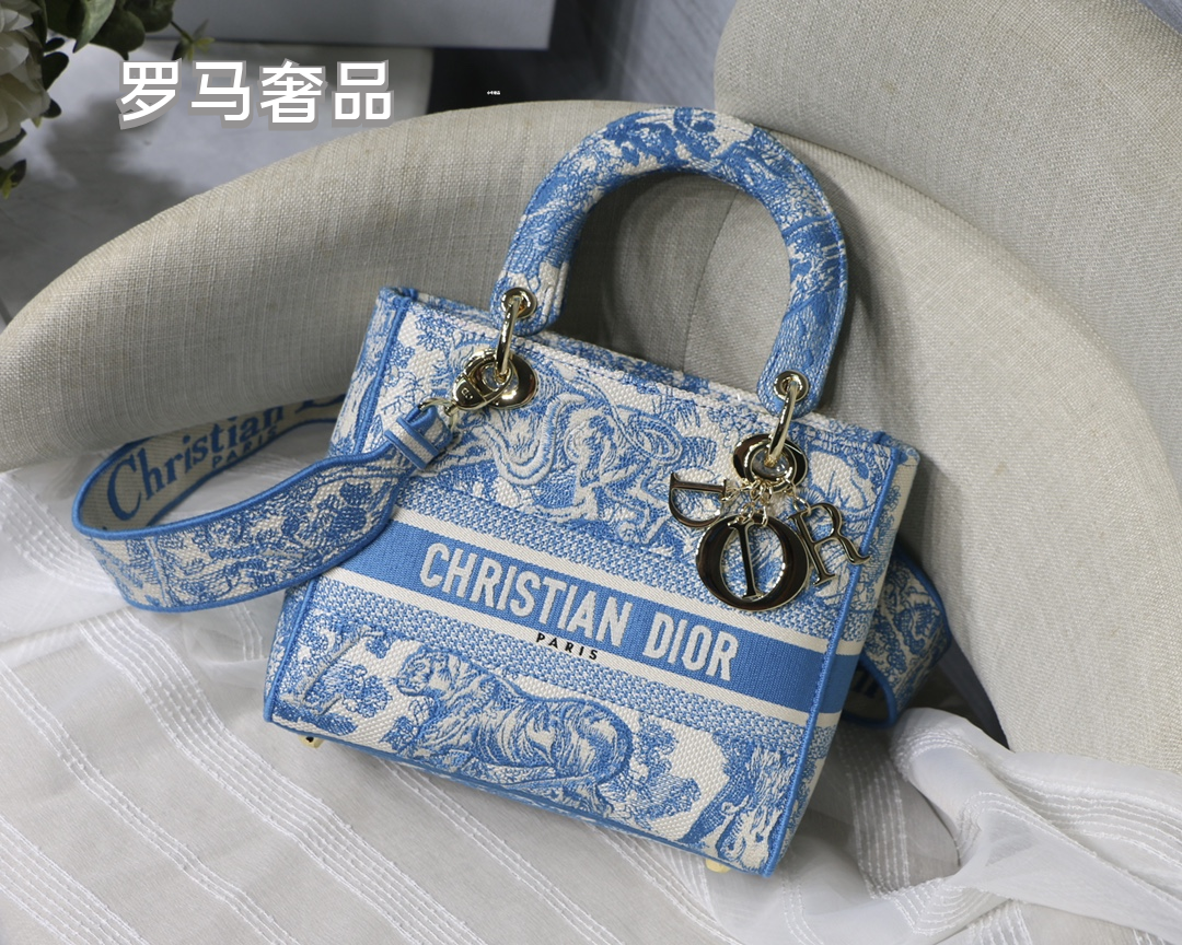 Dior Elegant Grey Floral Embroidered Canvas Top Handle Bag