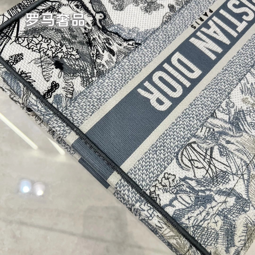 Dior Vintage Grey Toile de Jouy Canvas Tote Bag with Top Handles