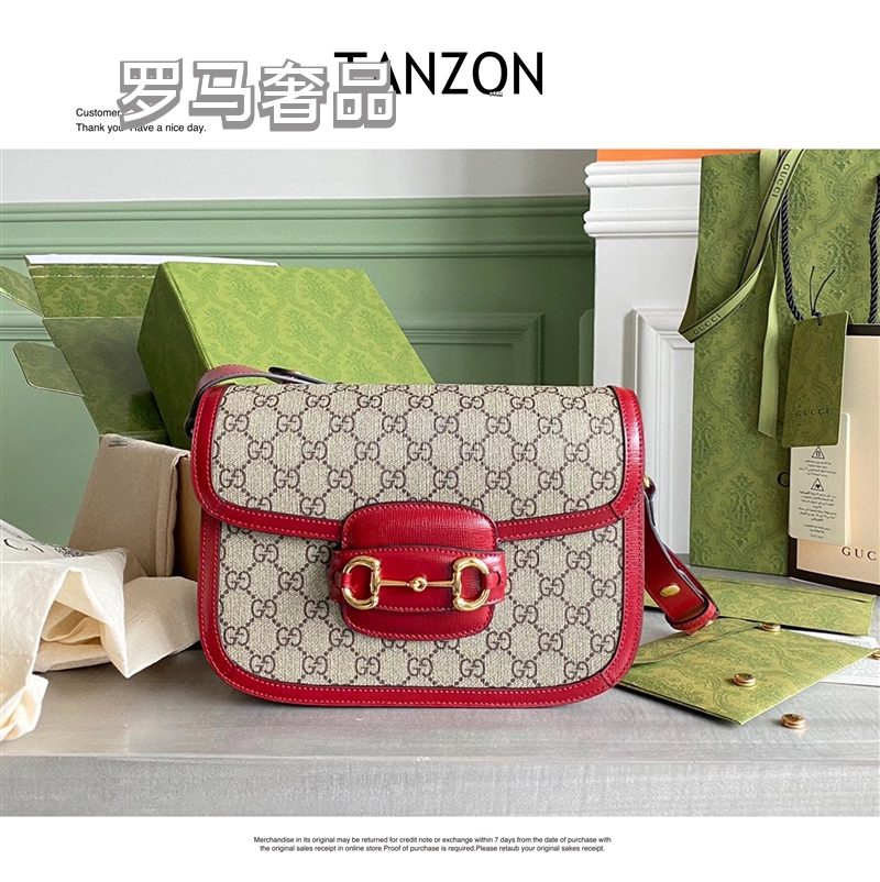 Gucci Vintage Monogram Canvas Crossbody Bag with Red Leather Trim