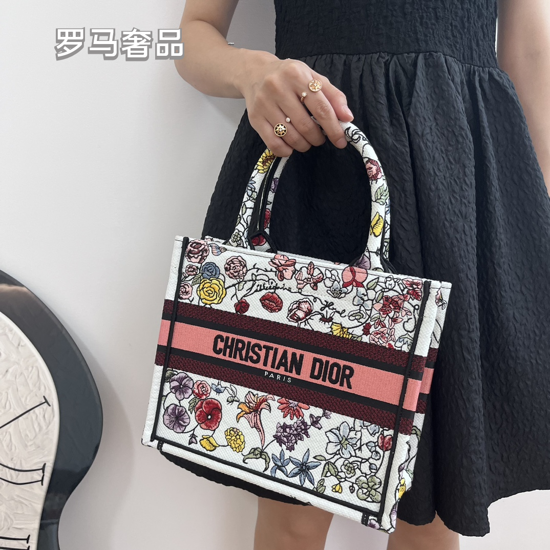 Christian Dior Book Tote Set Floral Embroidered Canvas Handbag 3 Pieces