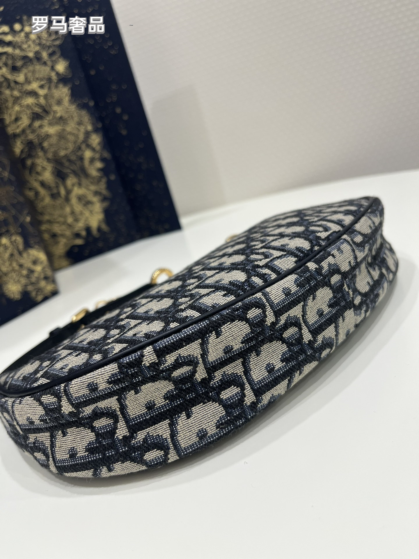 Dior Elegant Monogram Canvas Crescent Shoulder Bag with Gold Chain