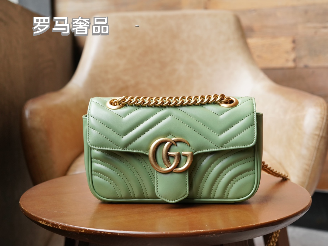 Gucci Sage Green Quilted Chevron Leather Shoulder Bag with Gold Chain