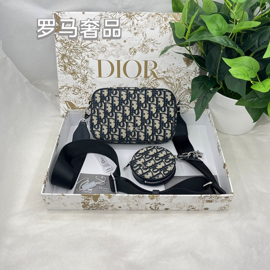 Dior Classic Monogram Canvas Crossbody Bag with Round Coin Pouch