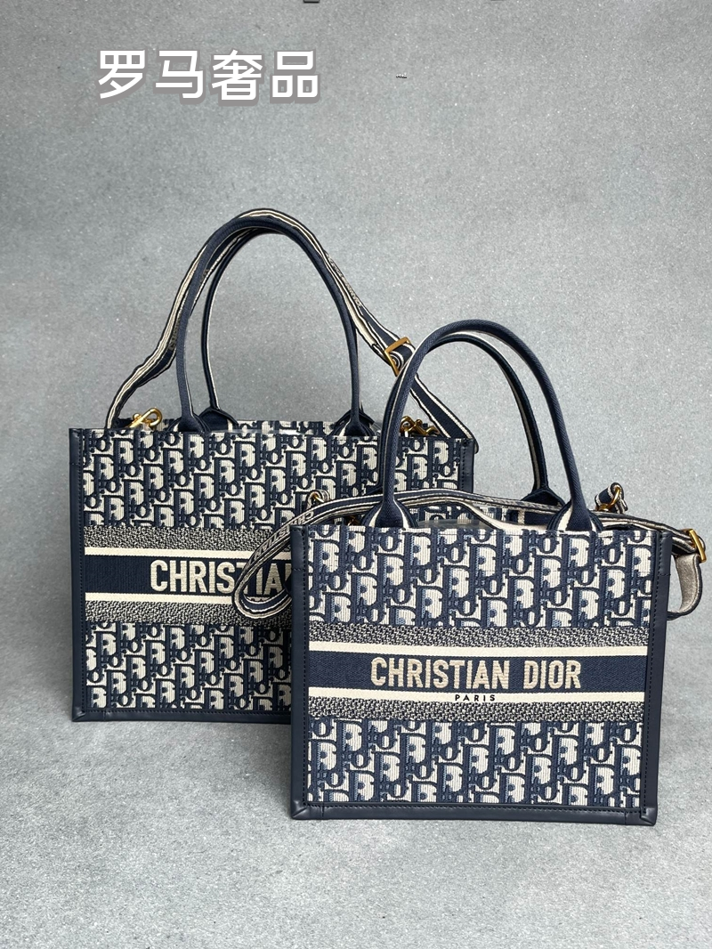 Dior Navy Blue Monogram Canvas Tote Bag with Top Handles