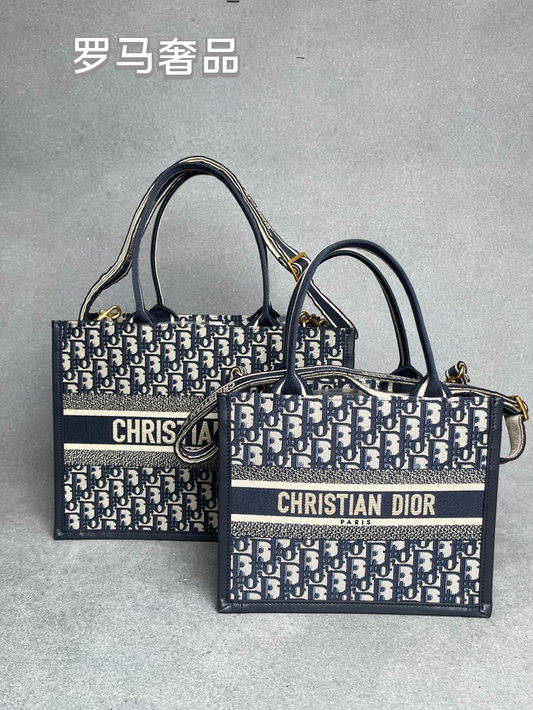 Dior Navy Blue Monogram Canvas Tote Bag with Top Handles