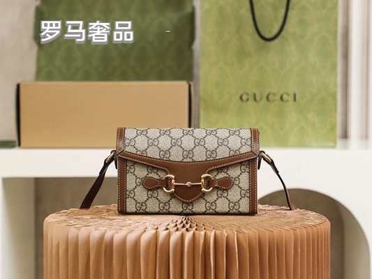 Gucci Horsebit 1955 Mini Shoulder Bag - GG Supreme Canvas with Brown Leather Trim