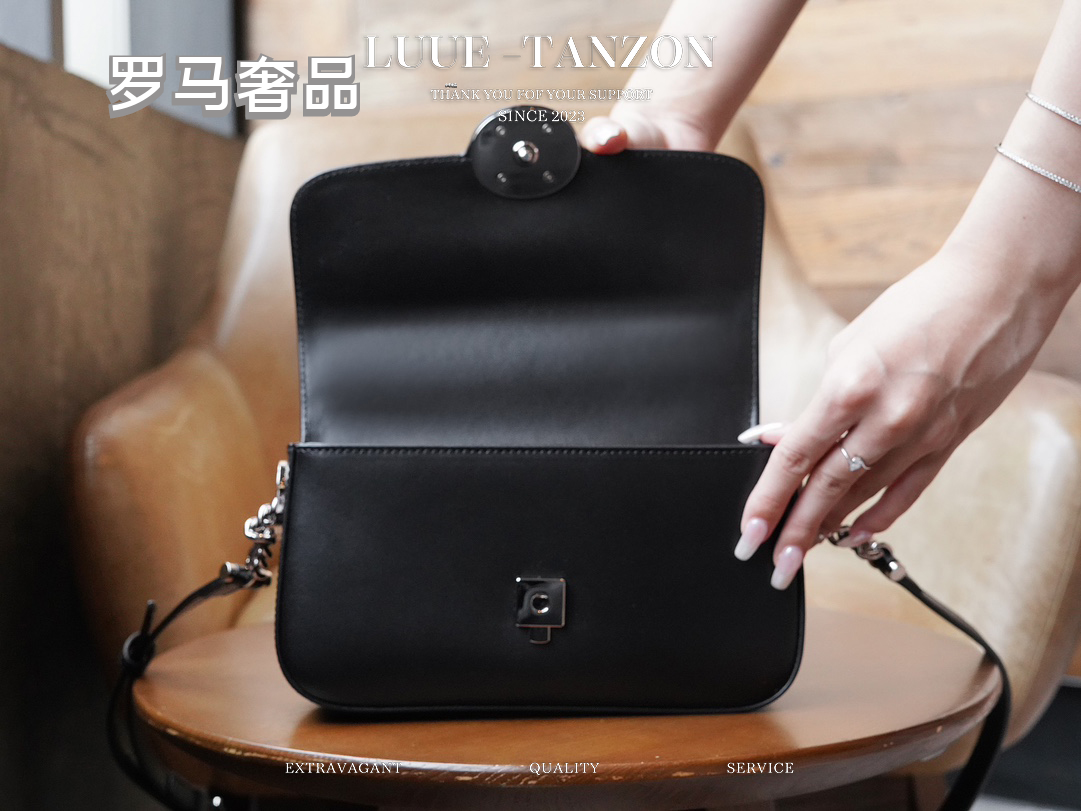Women's Black Leather Crossbody Shoulder Bag with Silver Round GG Clasp