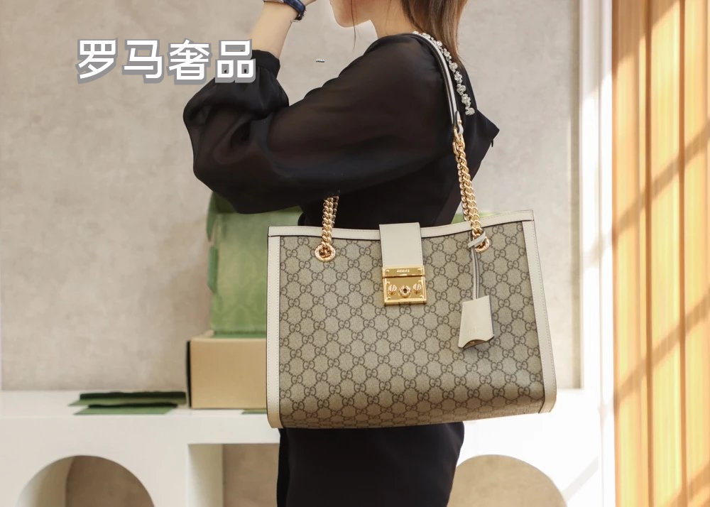 Gucci Vintage Monogram Canvas Shoulder Bag with Gold Chain and Padlock